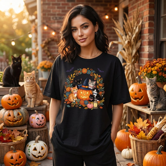 3 Halloween Kittens & Pumpkin Witch Hat T-shirt Sweatshirt Hoodie – Gift for Cat Lovers - mockup 1