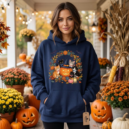 3 Halloween Kittens & Pumpkin Witch Hat T-shirt Sweatshirt Hoodie – Gift for Cat Lovers - mockup 3