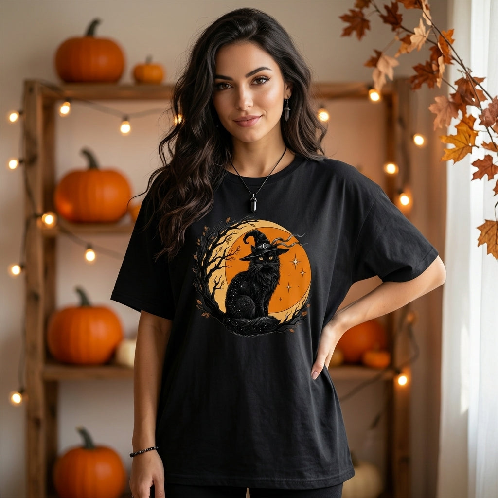 Witchy Black Cat Vintage Moon Halloween T-shirt Sweatshirt Hoodie – Gift for Cat Lovers - mockup 1