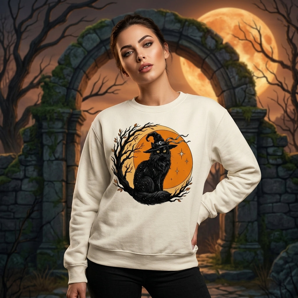 Witchy Black Cat Vintage Moon Halloween T-shirt Sweatshirt Hoodie – Gift for Cat Lovers - mockup 2