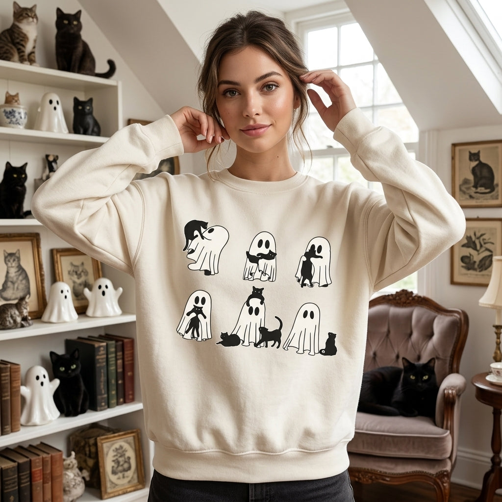 Cute 7 Black Cat Ghost Funny Halloween T-shirt Sweatshirt Hoodie – Spooky Fall Gift - mockup 2