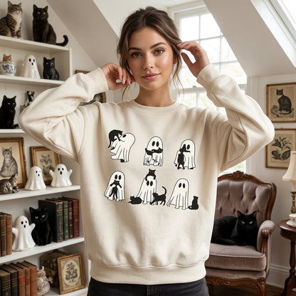 Cute 7 Black Cat Ghost Funny Halloween T-shirt Sweatshirt Hoodie – Spooky Fall Gift - mockup 2