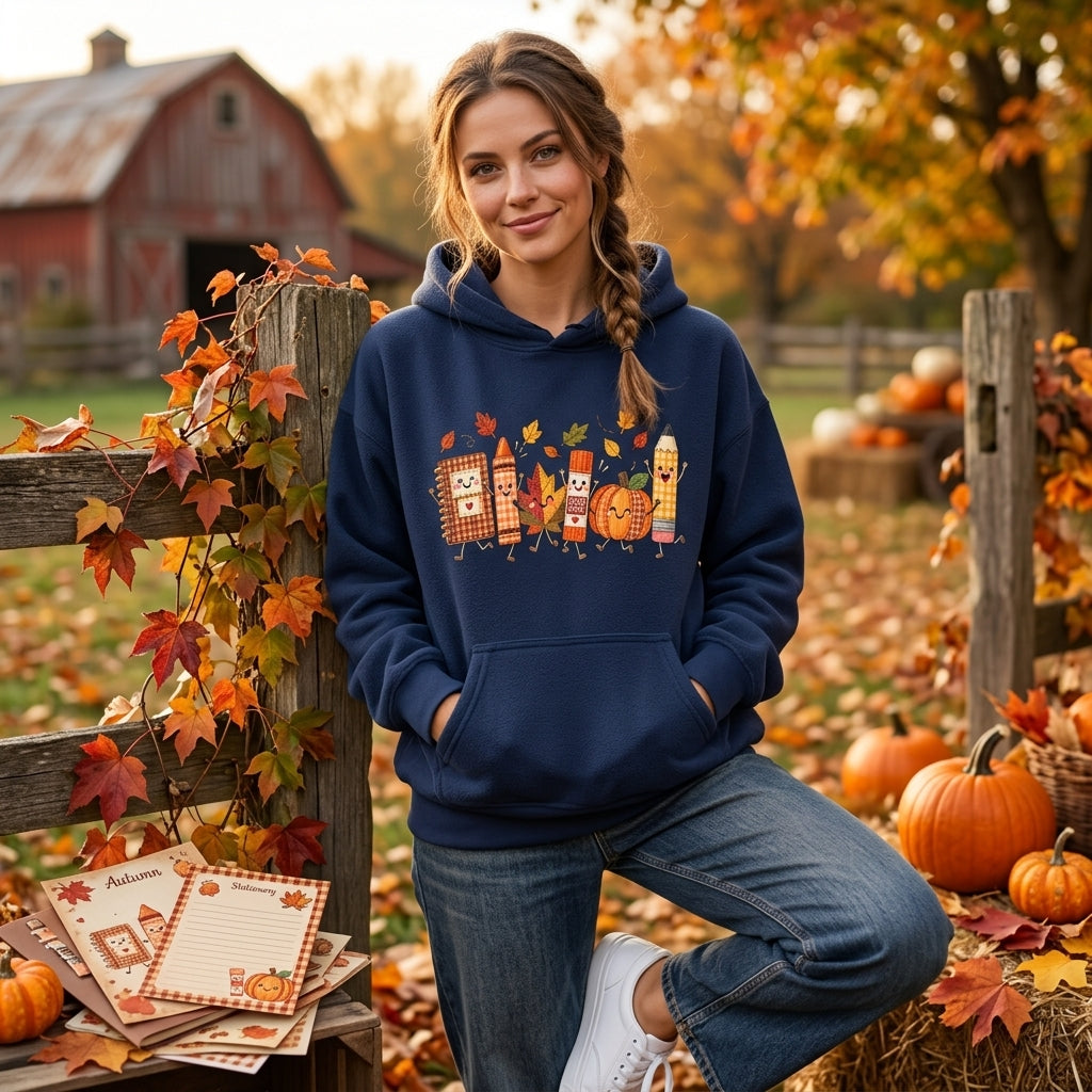 Faux Patchwork Fall School Doodle T-shirt Sweatshirt Hoodie – Cute Thanksgiving Teacher Gift - mockup 3