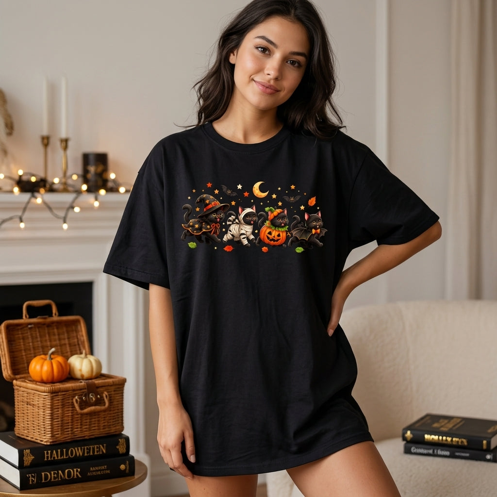 Cute Halloween Cat Costume Shirt - Retro Black Cat Lover T-shirt Sweatshirt Hoodie - mockup 1