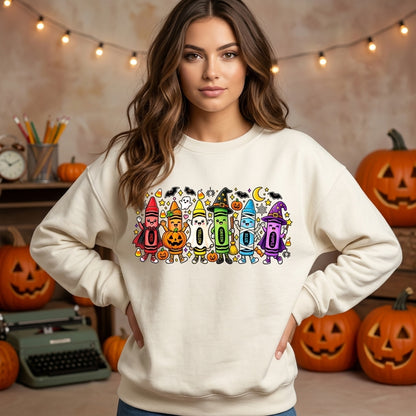 Halloween Crayon Teacher T-shirt Sweatshirt Hoodie - Cute Spooky Classroom Tee - mockup 2