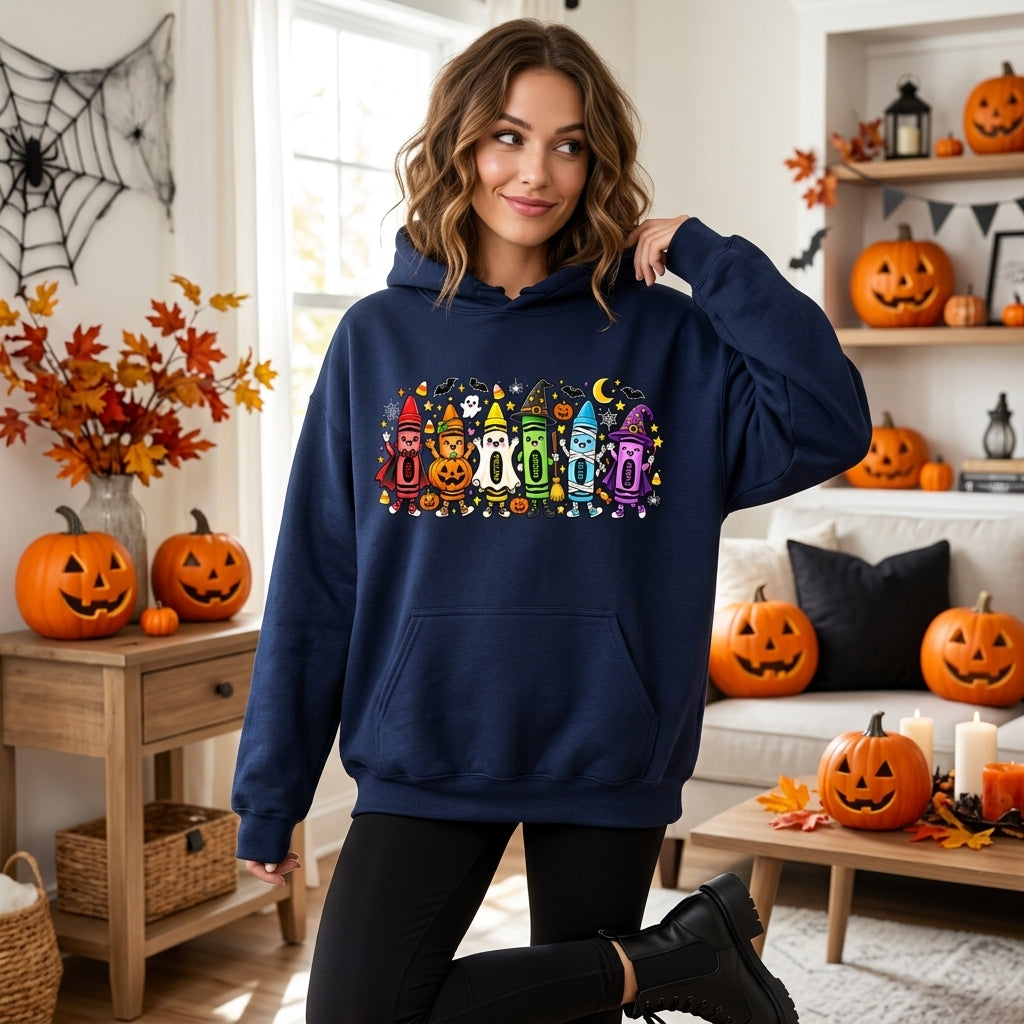 Halloween Crayon Teacher T-shirt Sweatshirt Hoodie - Cute Spooky Classroom Tee - mockup 3