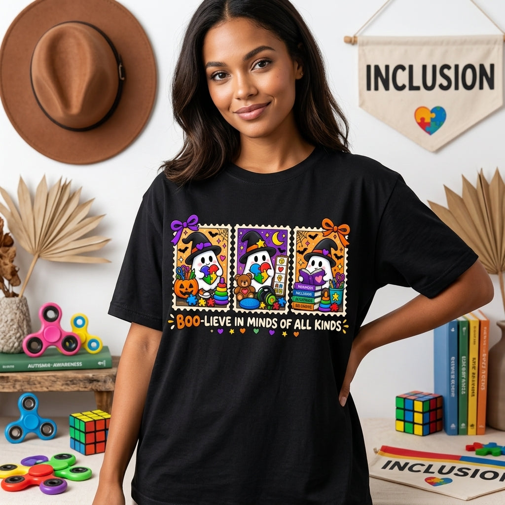 Boo-lieve In Minds Of All Kinds Halloween Inclusion T-shirt Sweatshirt Hoodie – SPED Teacher Gift - mockup 1