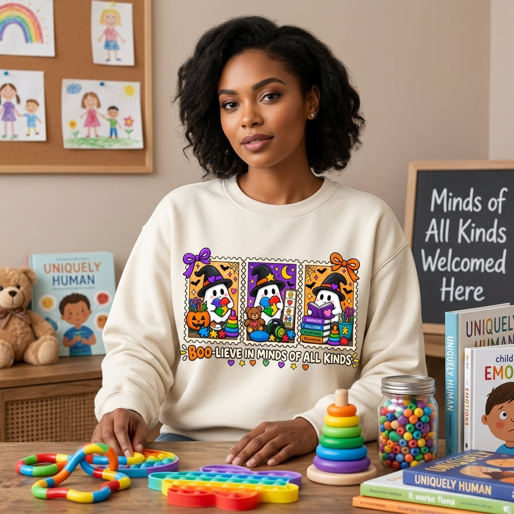 Boo-lieve In Minds Of All Kinds Halloween Inclusion T-shirt Sweatshirt Hoodie – SPED Teacher Gift - mockup 2