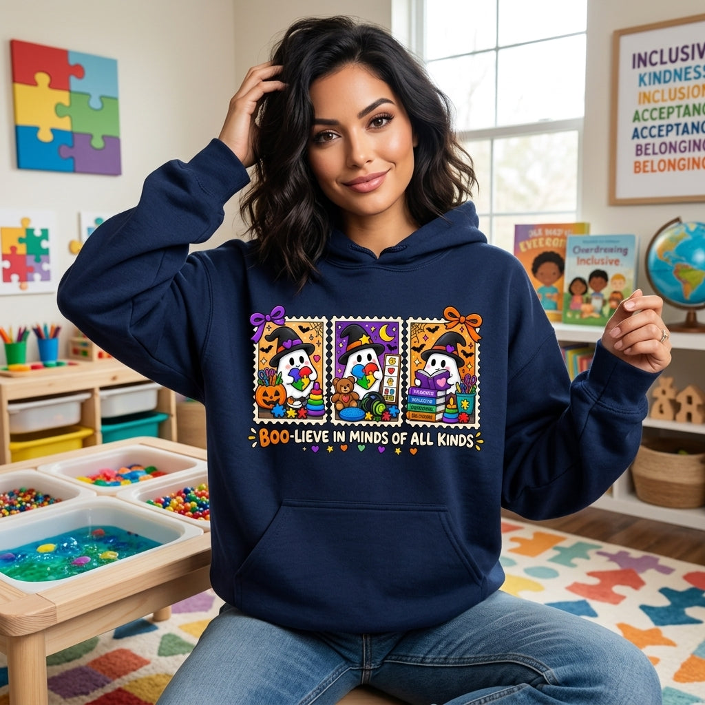 Boo-lieve In Minds Of All Kinds Halloween Inclusion T-shirt Sweatshirt Hoodie – SPED Teacher Gift - mockup 3