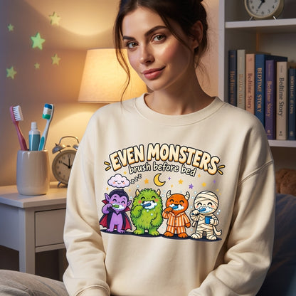 Even Monsters Brush Before Bed Halloween Dental T-shirt Sweatshirt Hoodie – Fall Dentist Assistant Gift - mockup 2