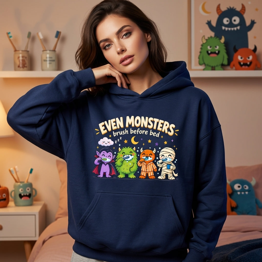 Even Monsters Brush Before Bed Halloween Dental T-shirt Sweatshirt Hoodie – Fall Dentist Assistant Gift - mockup 3