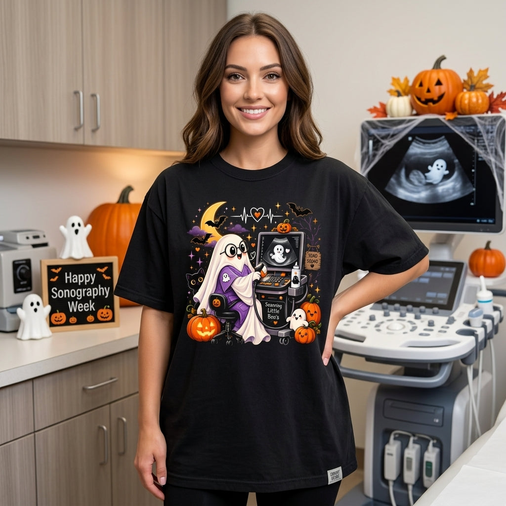 Halloween Sonographer Scanning Little Boo's T-shirt Sweatshirt Hoodie – Ultrasound Tech Gift - mockup 1