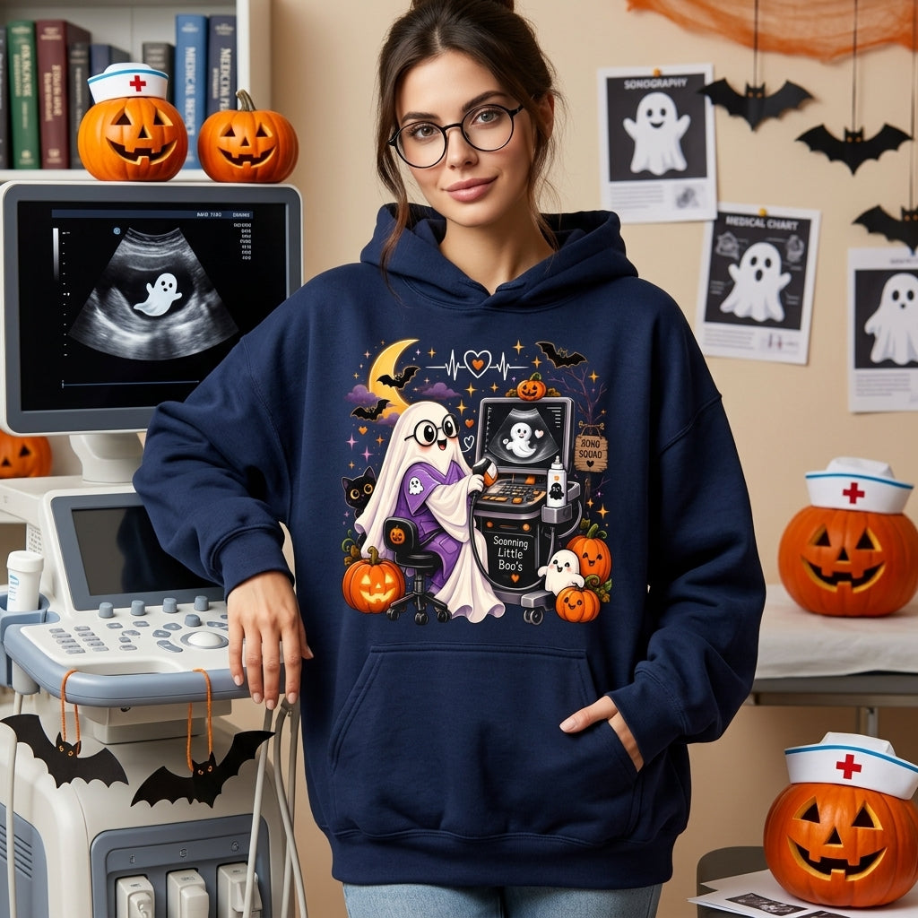 Halloween Sonographer Scanning Little Boo's T-shirt Sweatshirt Hoodie – Ultrasound Tech Gift - mockup 3