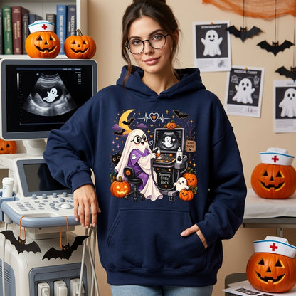 Halloween Sonographer Scanning Little Boo's T-shirt Sweatshirt Hoodie – Ultrasound Tech Gift - mockup 3
