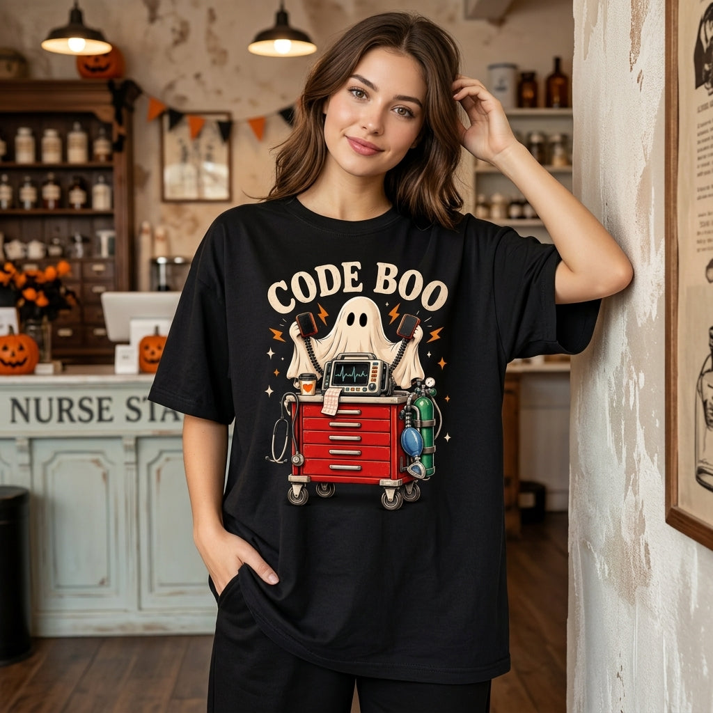 Code Boo Funny Halloween Nurse T-shirt Sweatshirt Hoodie – Spooky ER ICU RN Gift - mockup 1