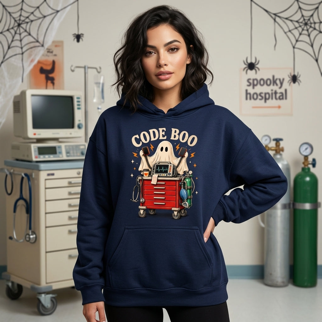 Code Boo Funny Halloween Nurse T-shirt Sweatshirt Hoodie – Spooky ER ICU RN Gift - mockup 3