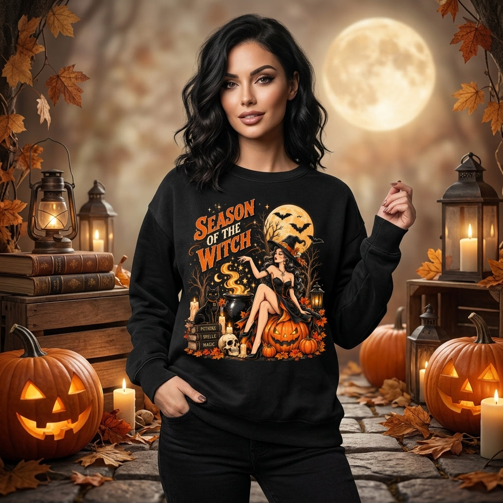 Season Of The Witch Pin Up Graphic T-shirt Sweatshirt Hoodie - Vintage Halloween Gift - mockup 1