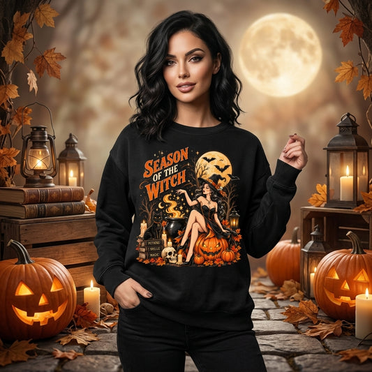 Season Of The Witch Pin Up Graphic T-shirt Sweatshirt Hoodie - Vintage Halloween Gift - mockup 1