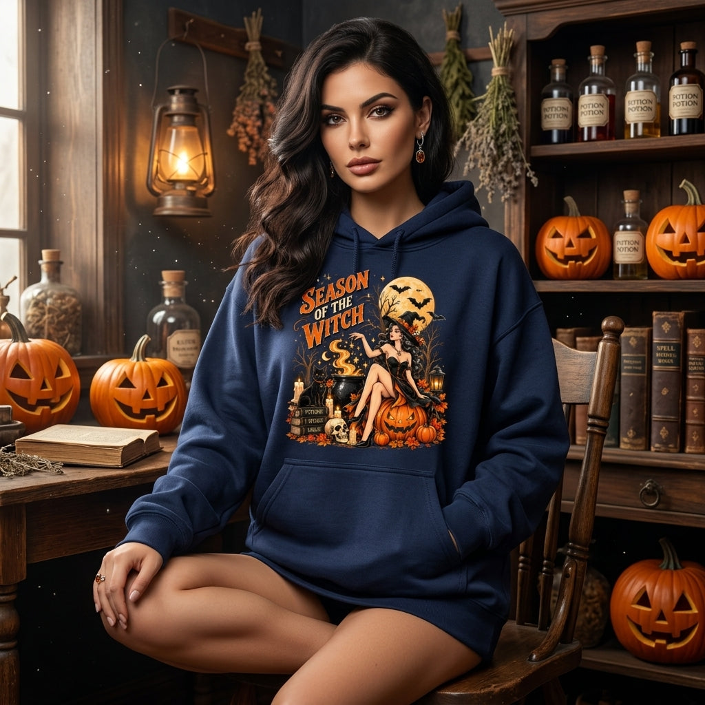 Season Of The Witch Pin Up Graphic T-shirt Sweatshirt Hoodie - Vintage Halloween Gift - mockup 2