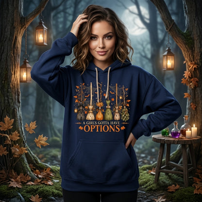 A Girl's Gotta Have Options Witch Broom T-shirt Sweatshirt Hoodie – Retro Halloween Apparel - mockup 2