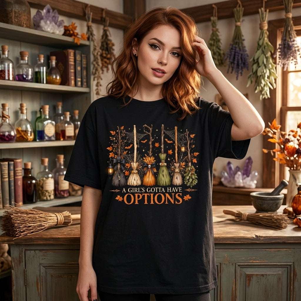 A Girl's Gotta Have Options Witch Broom T-shirt Sweatshirt Hoodie – Retro Halloween Apparel - mockup 3