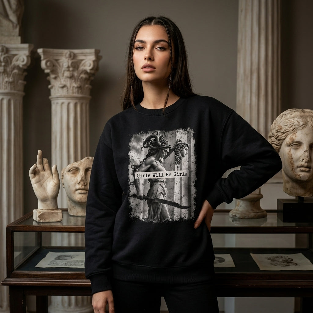Girls Will Be Girls Vintage Medusa T-shirt Sweatshirt Hoodie – Feminist Graphic Tee - mockup 1