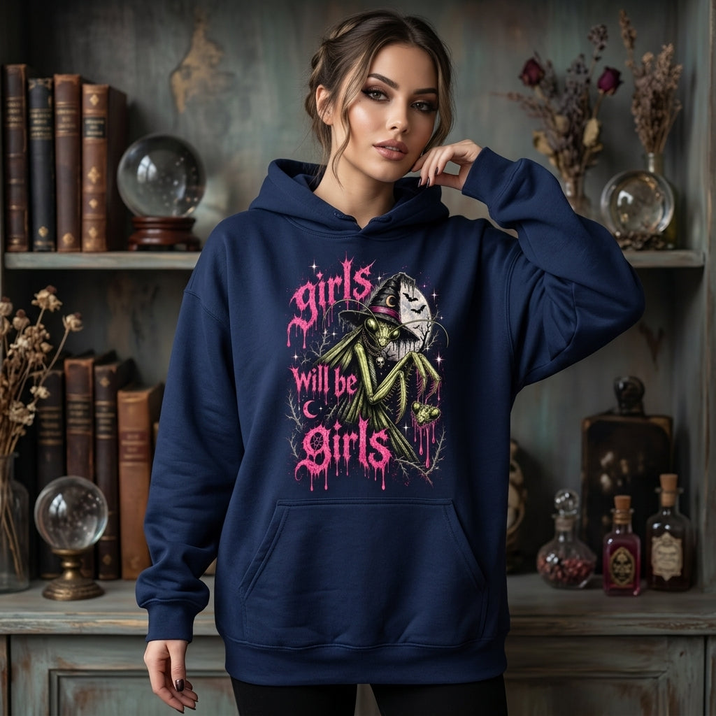 Girls Will Be Girls Praying Mantis T-shirt Sweatshirt Hoodie – Witchy Feminist Goth Tee - mockup 2