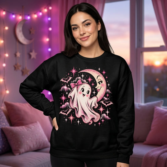 Retro Cute Ghost & Moon Graphic T-shirt Sweatshirt Hoodie – Y2K Spooky Season Tee - mockup 1