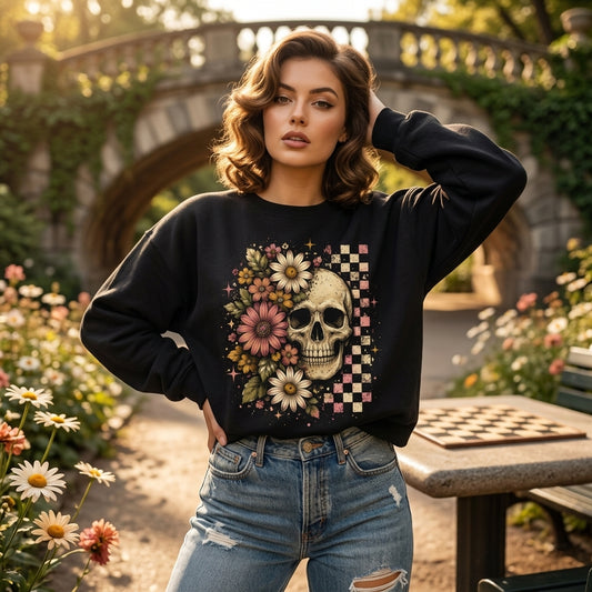 Retro Boho Skull Graphic T-shirt Sweatshirt Hoodie - Vintage Grunge Summerween Floral Tee - mockup 1