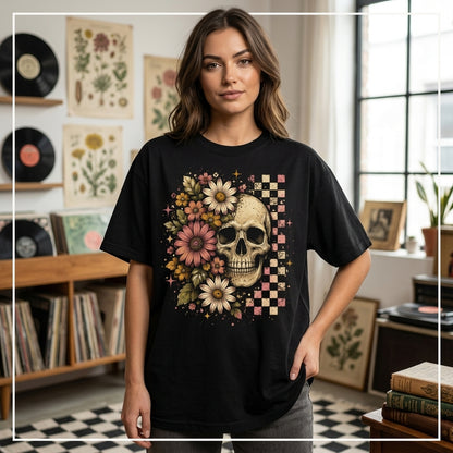 Retro Boho Skull Graphic T-shirt Sweatshirt Hoodie - Vintage Grunge Summerween Floral Tee - mockup 3