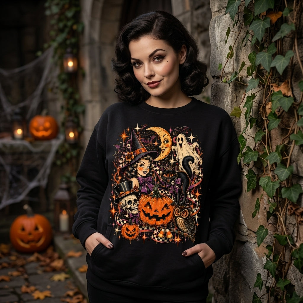 Vintage Halloween Collage T-shirt Sweatshirt Hoodie – Retro Witch Ghost Pumpkin Graphic Tee - mockup 1