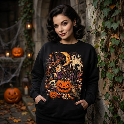Vintage Halloween Collage T-shirt Sweatshirt Hoodie – Retro Witch Ghost Pumpkin Graphic Tee - mockup 1