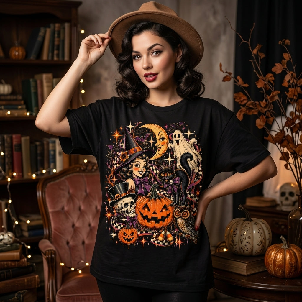 Vintage Halloween Collage T-shirt Sweatshirt Hoodie – Retro Witch Ghost Pumpkin Graphic Tee - mockup 3
