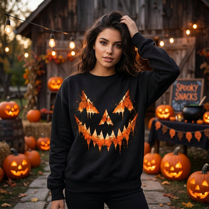 Grunge Jack O Lantern Pumpkin Face T-shirt Sweatshirt Hoodie – Spooky Halloween Outfit - mockup 1