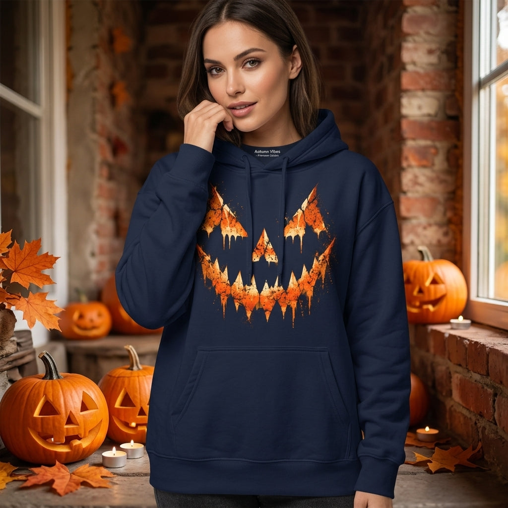 Grunge Jack O Lantern Pumpkin Face T-shirt Sweatshirt Hoodie – Spooky Halloween Outfit - mockup 2