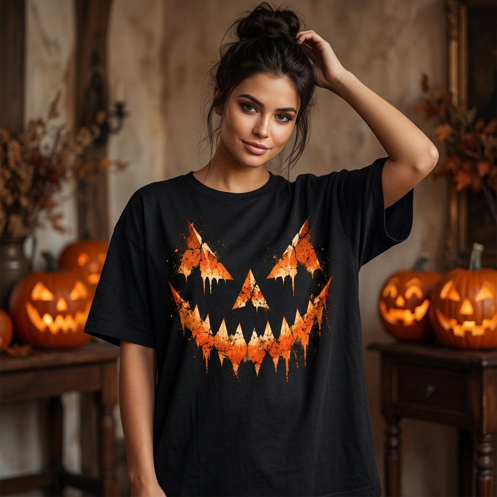 Grunge Jack O Lantern Pumpkin Face T-shirt Sweatshirt Hoodie – Spooky Halloween Outfit - mockup 3