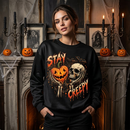 Stay Creepy Halloween Skull and Pumpkin T-shirt Sweatshirt Hoodie – Spooky Season Outfit - mockup 1