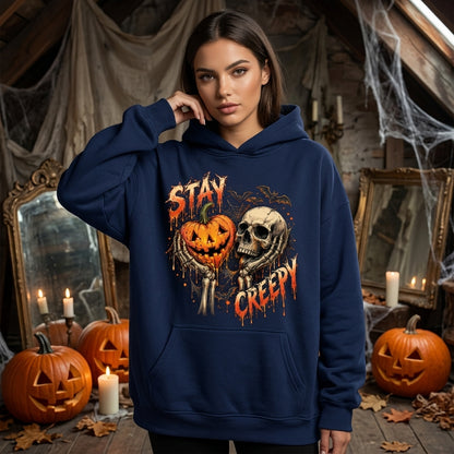 Stay Creepy Halloween Skull and Pumpkin T-shirt Sweatshirt Hoodie – Spooky Season Outfit - mockup 2