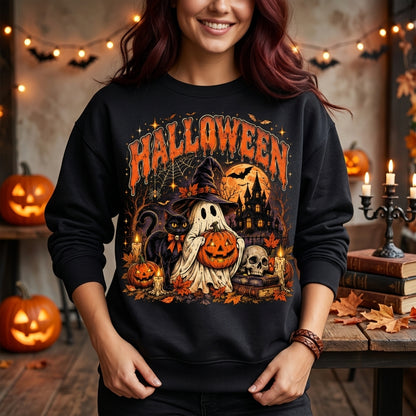 Vintage Halloween Ghost and Witch Cat T-shirt Sweatshirt Hoodie - Gothic Spooky Fall Apparel - mockup 1