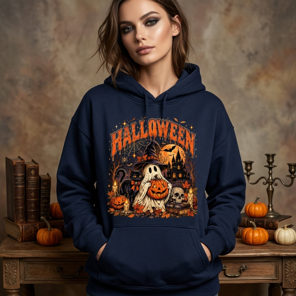 Vintage Halloween Ghost and Witch Cat T-shirt Sweatshirt Hoodie - Gothic Spooky Fall Apparel - mockup 2