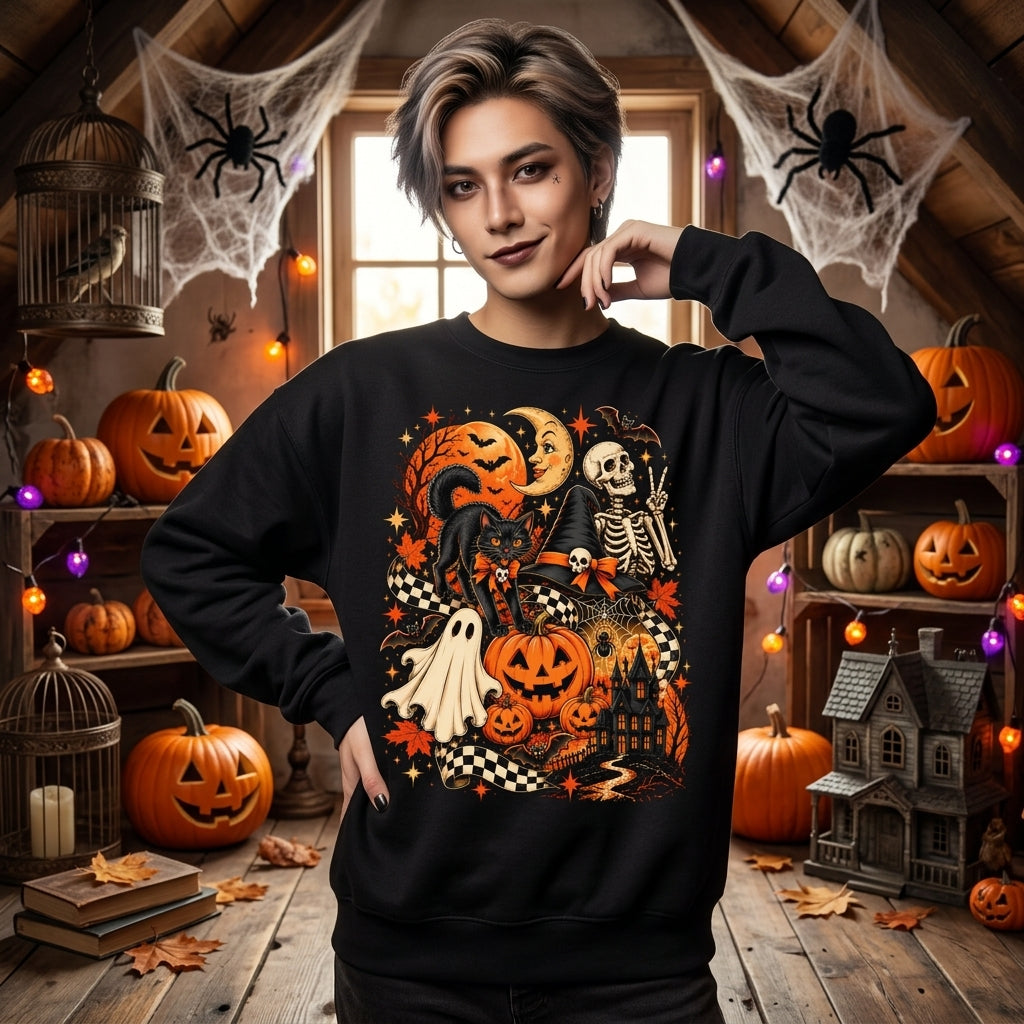 Vintage Black Cat and Skeleton T-shirt Sweatshirt Hoodie – Retro Halloween Graphic Tee - mockup 1