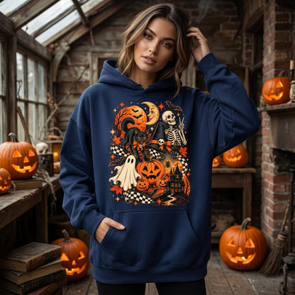 Vintage Black Cat and Skeleton T-shirt Sweatshirt Hoodie – Retro Halloween Graphic Tee - mockup 2
