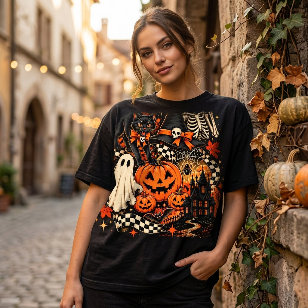 Vintage Black Cat and Skeleton T-shirt Sweatshirt Hoodie – Retro Halloween Graphic Tee - mockup 3