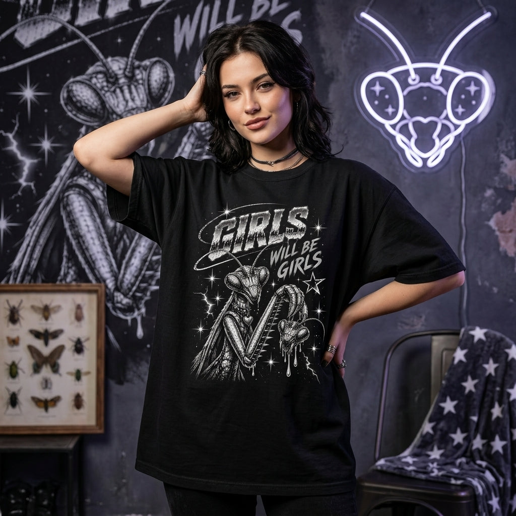 Girls Will Be Girls Praying Mantis T-shirt Sweatshirt Hoodie – Funny Feminist Y2K Goth Tee - mockup 1