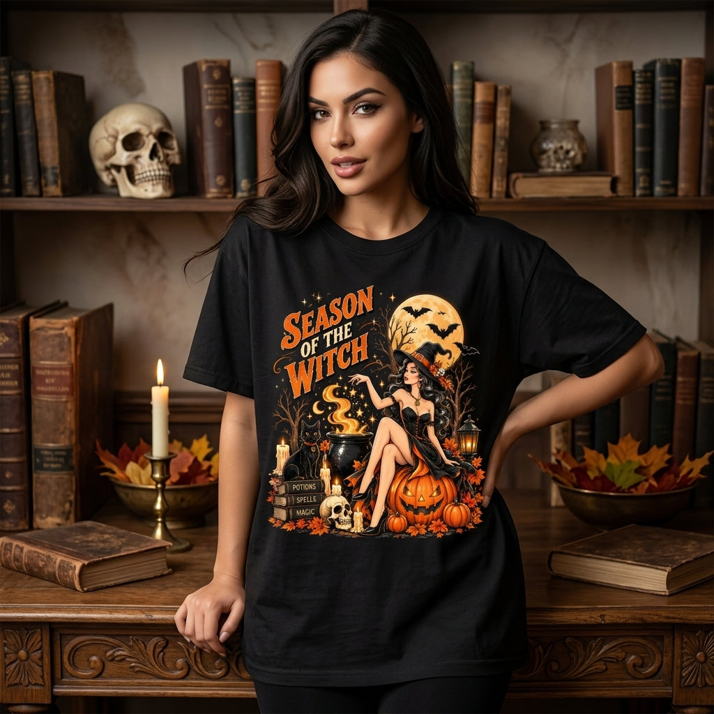 Season Of The Witch Pin Up Witch Graphic T-shirt Sweatshirt Hoodie – Spooky Season Gift - mockup 1
