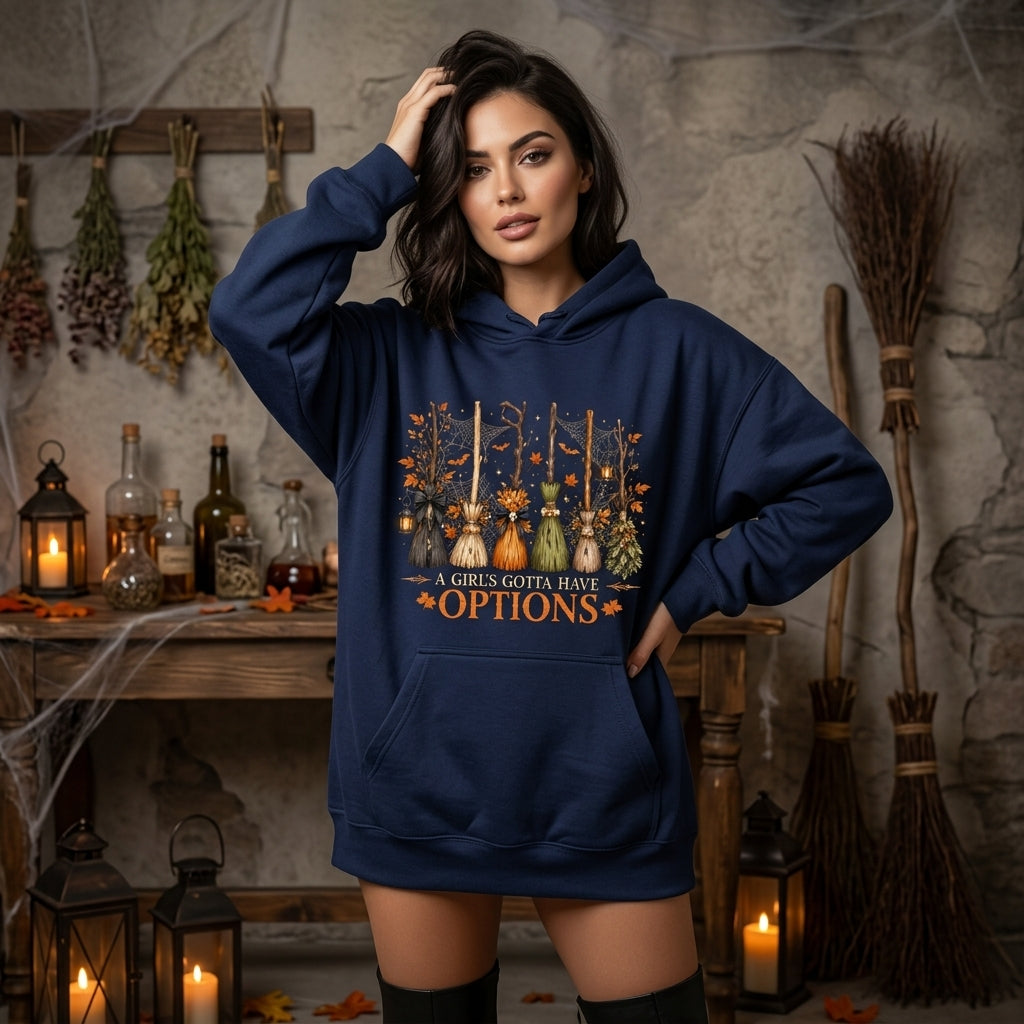 A Girl's Gotta Have Options Witch Broom Halloween T-shirt Sweatshirt Hoodie - mockup 3