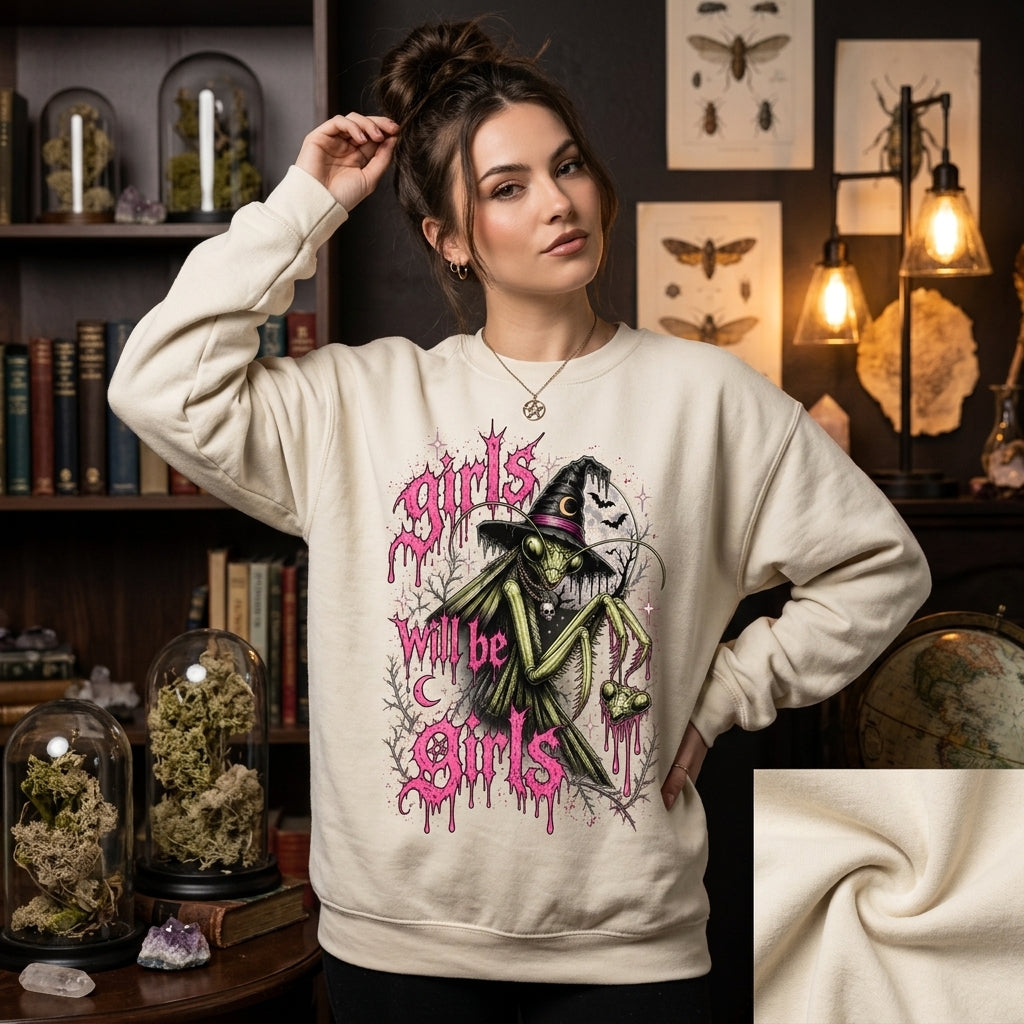 Girls Will Be Girls Praying Mantis Witchy Feminist T-shirt Sweatshirt Hoodie – Goth Graphic Tee - mockup 2