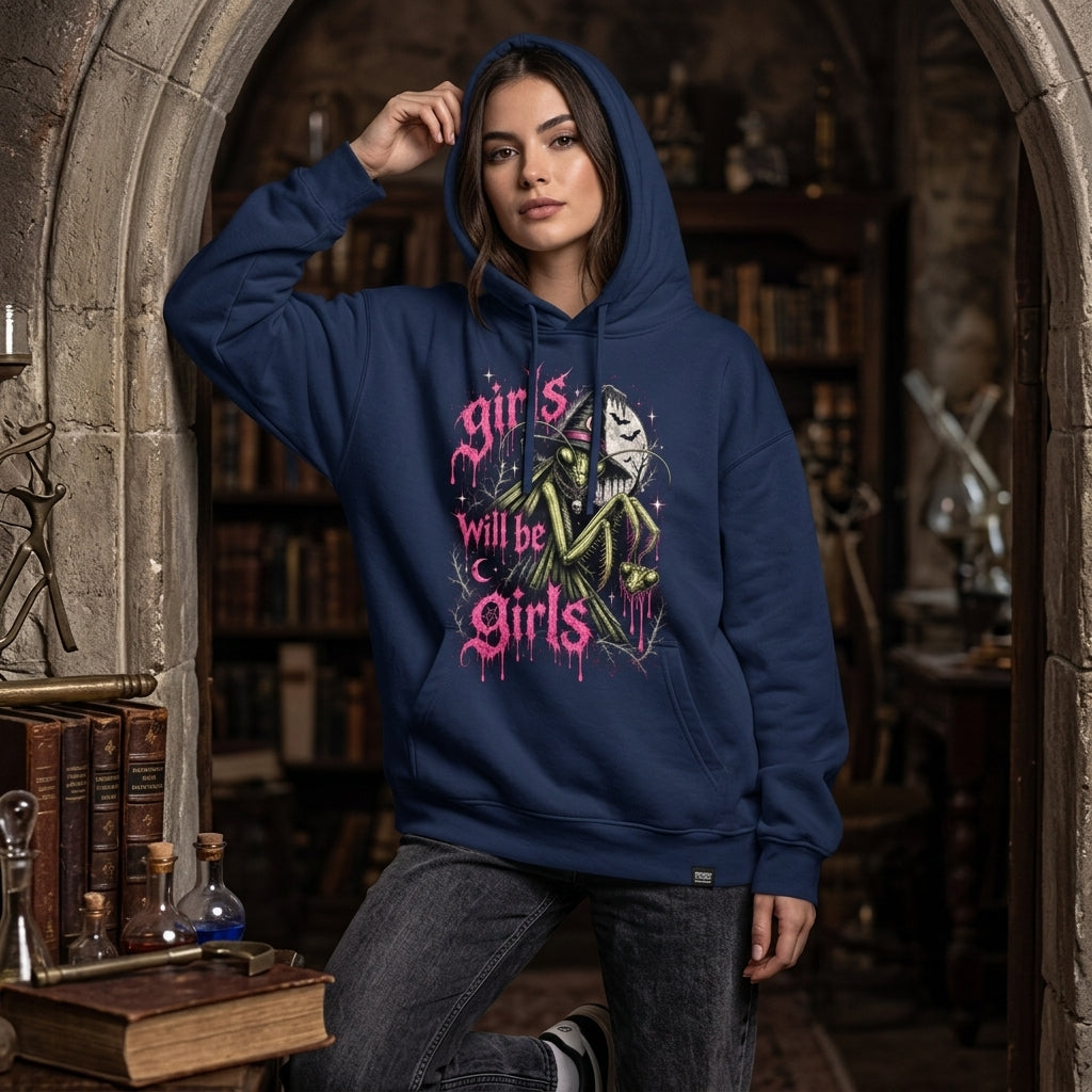 Girls Will Be Girls Praying Mantis Witchy Feminist T-shirt Sweatshirt Hoodie – Goth Graphic Tee - mockup 3