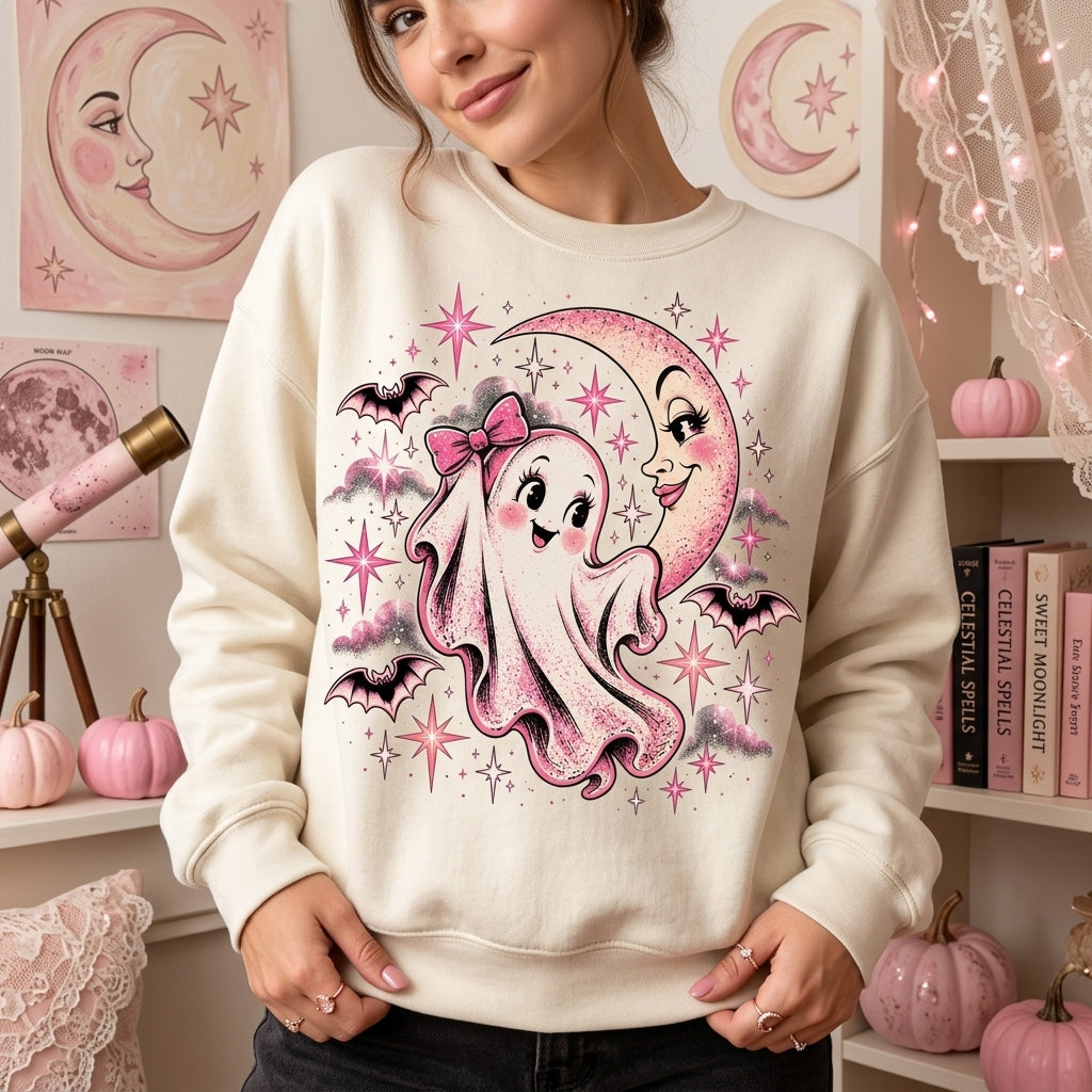 Retro Ghost Halloween Moon Graphic T-shirt Sweatshirt Hoodie – Vintage Spooky Season Tee - mockup 2