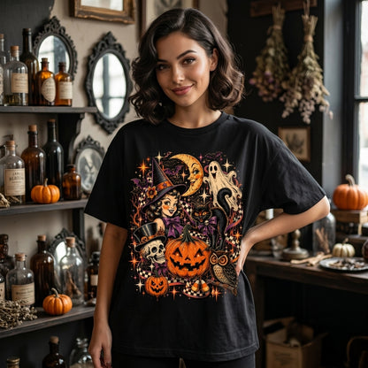 Retro Halloween Collage T-shirt Sweatshirt Hoodie – Vintage Witch & Ghost Graphic Tee - mockup 1
